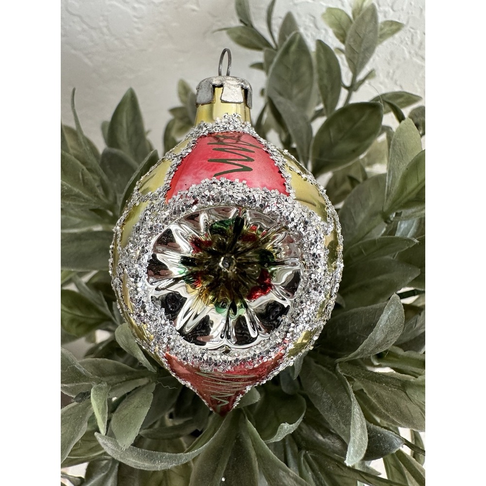 Vintage Commodore Glass Christmas Indent Ornament Red Gold Romania 1960s Retro